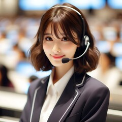 Professional Asian Female Call Center Operator in Uniform with Headset for Customer Service and Support Concept with Generative AI.