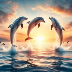 Playful dolphins leaping out of the water in synchronized arcs n