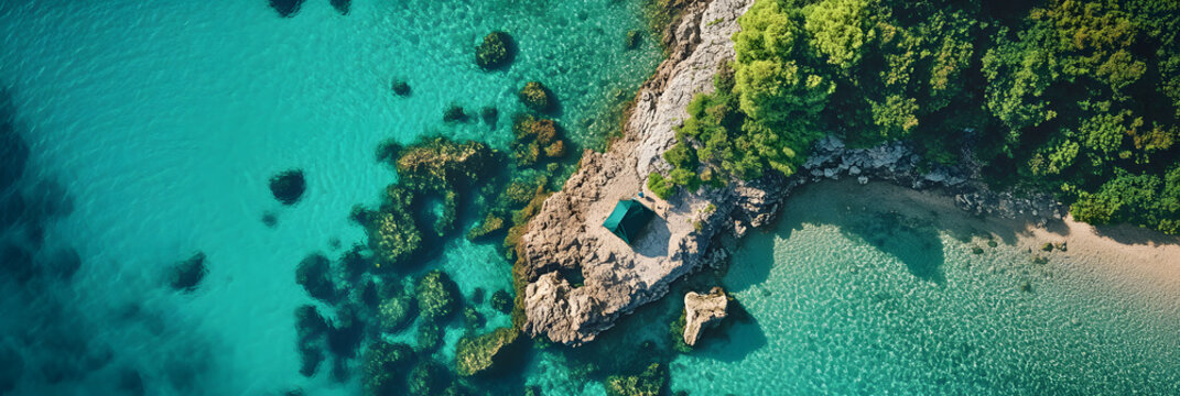 Overhead view of minimalist campsite on rocky peninsula surrounded by water