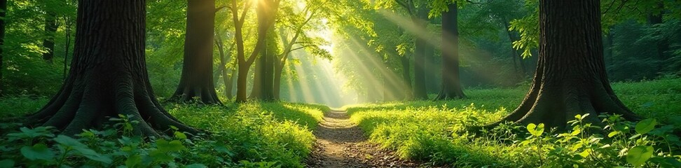 Sun-dappled forest floor, lush green undergrowth, ancient trees reaching for the sky, dappled sunlight filtering through leaves, peaceful woodland scene, nature's tranquility , scenery, green