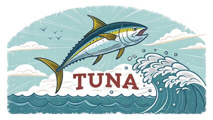 Retro-inspired illustration of a powerful tuna leaping from water, paired with rugged type for a fishing brand identity.