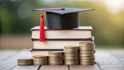 Graduation cap on stacked books with coins, symbolizing education and financial success.