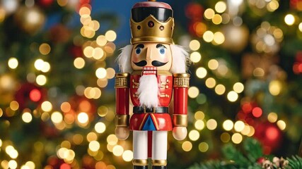 Festive nutcracker toy figure against bokeh Christmas tree lights and fake snow background, holiday decoration, close-up