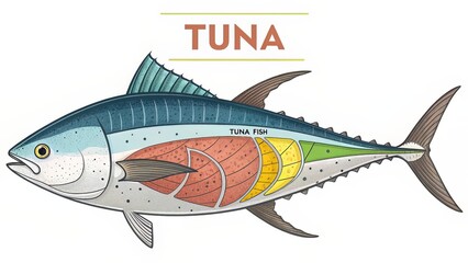 Educational infographic showing the segmented parts of a tuna fish for culinary or scientific reference.