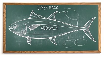 Diagram of a tuna fish labeled with anatomical zones like ?upper back? and ?abdomen? in a chalkboard-style layout.
