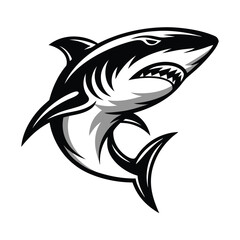 Aggressive Black and White Shark with Open Mouth Showing Teeth Cartoonish Style