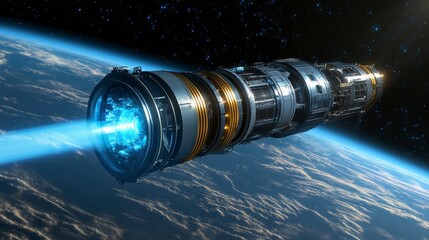 Futuristic spacecraft with glowing engines in outer space scene