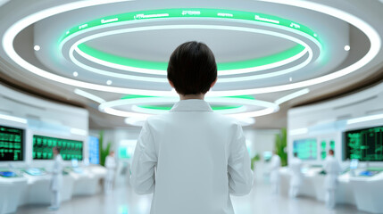 Person in lab coat stands in modern laboratory with advanced technology and glowing circular lights. atmosphere is futuristic and innovative