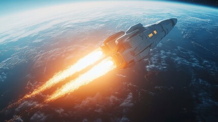 Obraz premium Rocket Launching into Space Over Earth with Bright Flames
