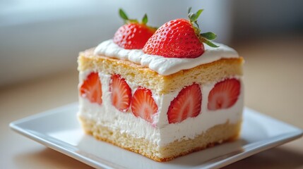 Strawberry shortcake with layered cream and fruit centered on a square dessert plate