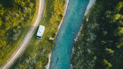 Aerial view of minimalist camper van parked beside winding turquoise river