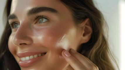 Radiant skincare routine: closeup of smiling woman applying cream with natural glow