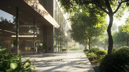 Modern Office Building with Green Trees