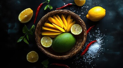 Top-down shot of green mango and lemon slices in a round basket surrounded by fresh chili and salt