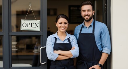 Two restaurant owners stand in the doorway of their establishment, epitomizing the essence of entrepreneurship and local business ownership. Capturing their partnership and warm smiles.