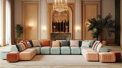 Unique mid-century modular sofa in pastel shades, set in a studio with warm tones and antique fixtures