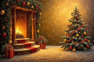 A Christmas tree decorated with red and gold balls stands by the fireplace with gifts, creating a New Year's atmosphere.