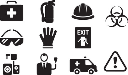 Safety icons and symbols set illustrating emergency preparedness and workplace hazards