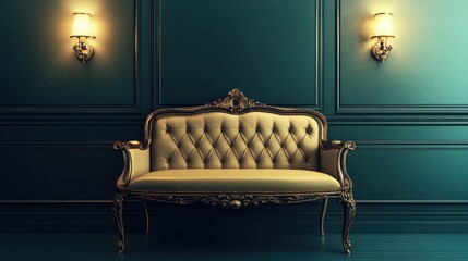 Vintage settee with ornate trim and tufted back, resting in an empty hallway with moody lighting