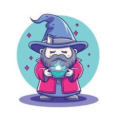 Magical Brew: A whimsical illustration of a wizard with a large beard, wearing a tall hat and ornate robes, engrossed in the preparation of a potion in a blue bowl.