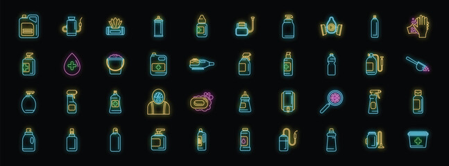 Neon icons representing various disinfection and cleaning supplies, promoting hygiene and disease prevention