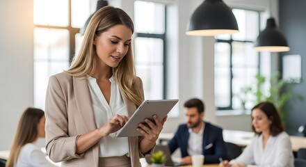 A professional woman navigates her digital tablet with focused precision, commanding a modern office environment where collaborative efforts and business strategies coalesce.