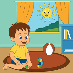 Happy little boy playing with toy blocks on the floor in a sunny room. Cartoon-style vector illustration for children, playtime, early learning, preschool, or educational materials