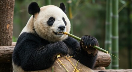 Obraz premium Giant Panda Eating Bamboo In Natural Habitat Surrounded By Greenery