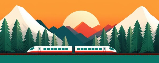 A modern train travels through a scenic landscape with pine trees, mountains, and a setting sun in the background.