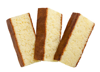 Pieces of sponge cake on a white background. Top view