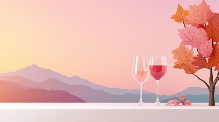 Two wine glasses and an autumn branch are set against a pastel mountain sunset, creating a serene and romantic atmosphere.