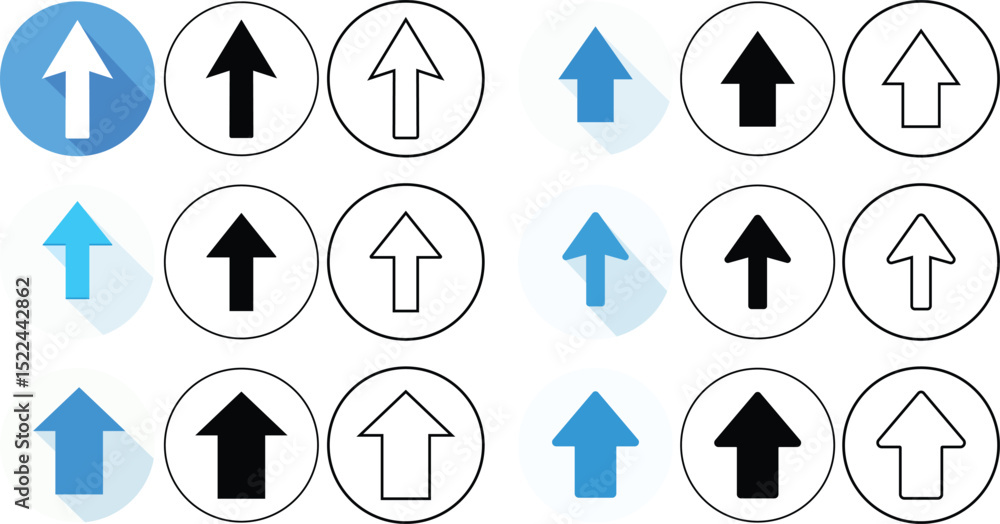 Poster collection of various colored and outlined arrow symbols pointing upward in circular shapes