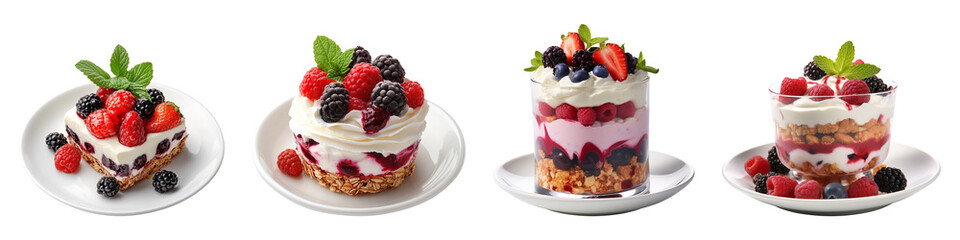 A collection of mixed berry parfaits on white plates isolated on a transparent background