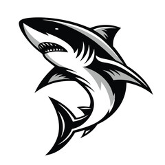 Stylized Black and White Shark with Sharp Teeth, Dynamic Pose, and Detailed Fins