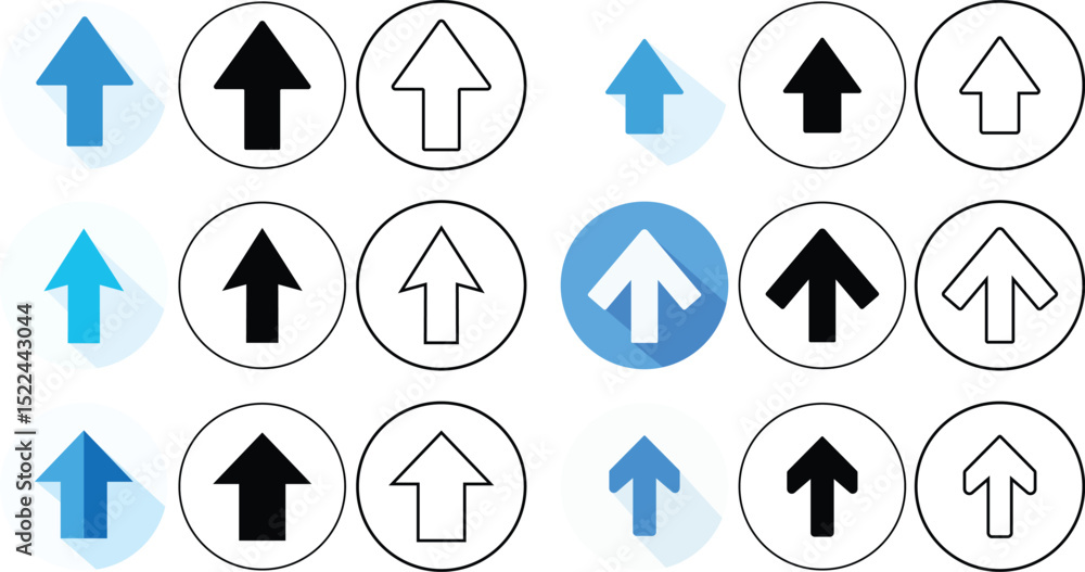 Poster collection of diverse arrows pointing upward in various styles and color variations on white backgro