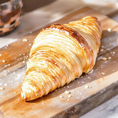 Delicious Buttery Croissant Pastry On Wood Board