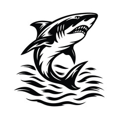Fierce Shark Illustration, Black and White Design, Aggressive Ocean Predator, Sharp Teeth