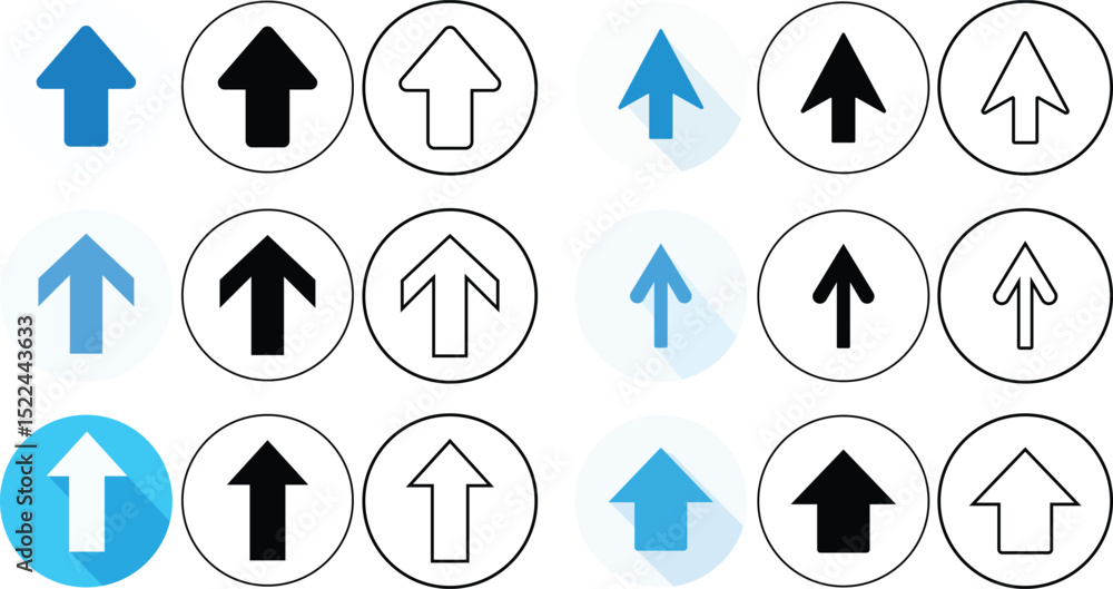 Poster various upward arrow icons in circles with different colors and outlines for directional purposes