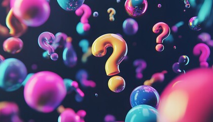 Colorful question marks and spheres in a dynamic arrangement.