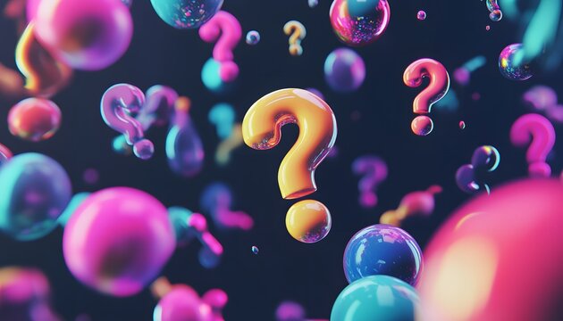 Colorful question marks and spheres in a dynamic arrangement.