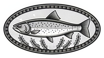 Set of Four Retro Round Tuna Logos in Marine Blues Featuring Waves and Hooks