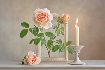 Reflections of Candlelight on an Aged Mirror With Delicate Roses in a Serene Setting