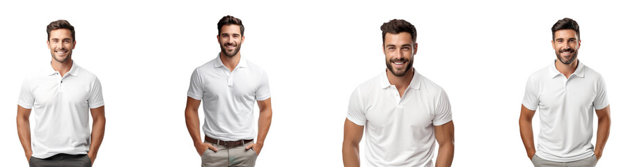 A collection of mockups of a man wearing a white polo shirt isolated on a transparent background