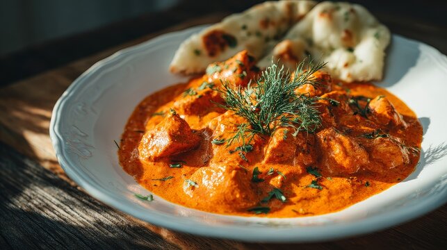 Savoring traditional indian cuisine delicious butter chicken in a white ceramic plate at home authentic indian food experience