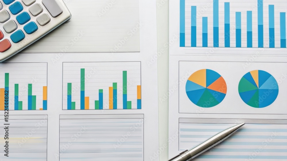 Poster graphs and charts displayed on paper, accompanied by a pen and colored palette, suggest data analysi