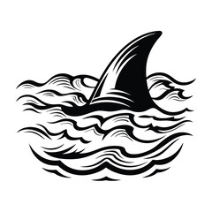 Minimal Black Silhouette Shark Fin Emerging from Stylized Sea Waves on White Backdrop