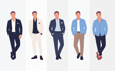 Flat Vector Illustration Set Men's Fashion Styles - Casual and Formal Outfits