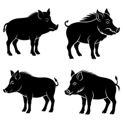 Four black silhouette illustrations of wild boars in various poses against a white background image art