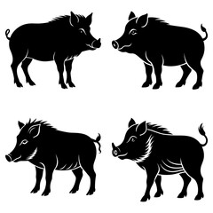 Four silhouette illustrations of wild boars in various poses against a white background design element