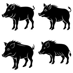 Four black silhouette illustrations of wild boars in various poses on a white background design art drawing